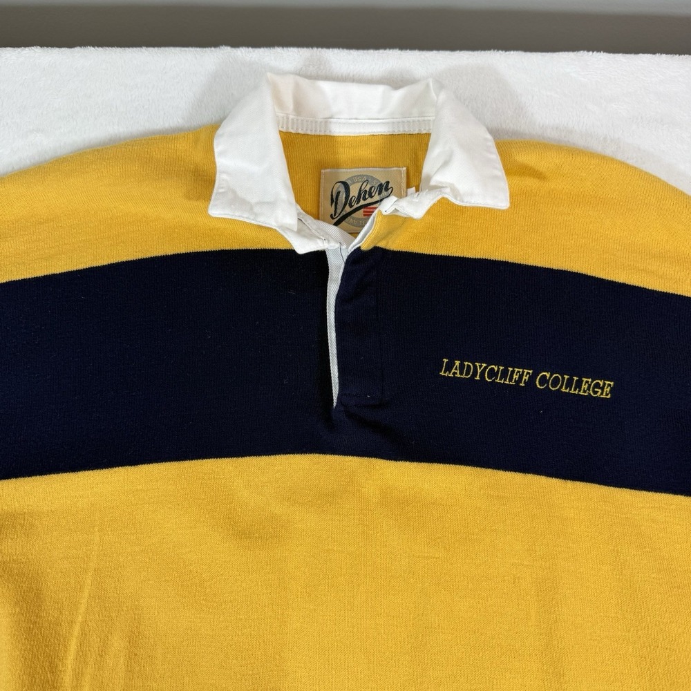 Vtg Dehen Ladycliff College Rugby Polo Shirt Mens LG Colorblock LS Yellow Navy - Picture 6 of 10